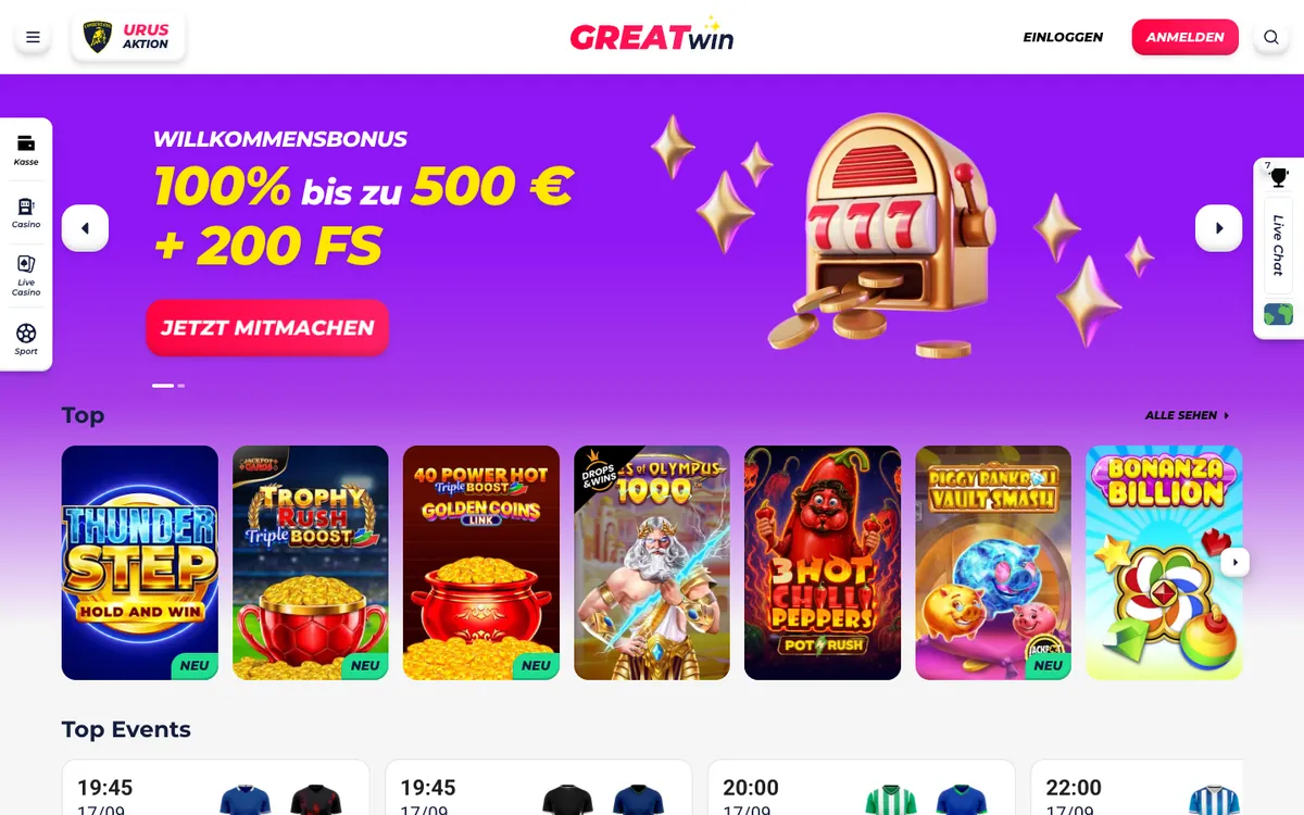 Startseite von GreatWin mit Willkommensbonus und Top-Slots
