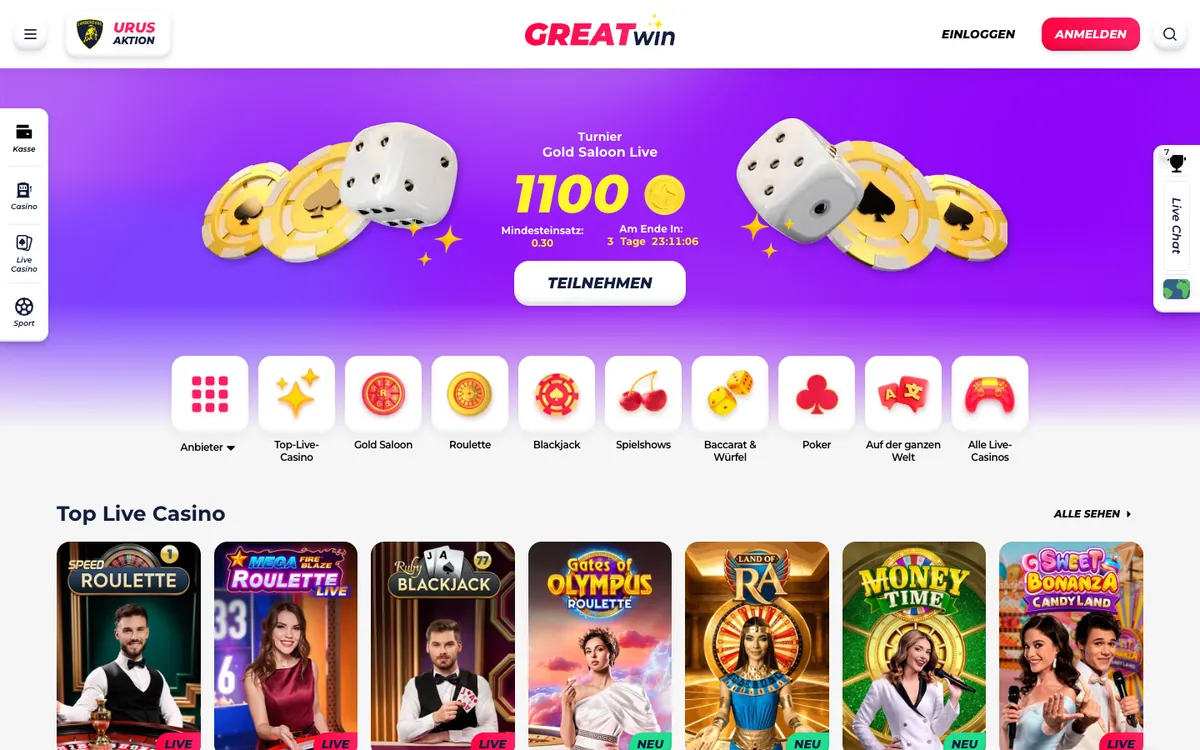 Live Casino von GreatWin mit Roulette- und Blackjack-Tischen