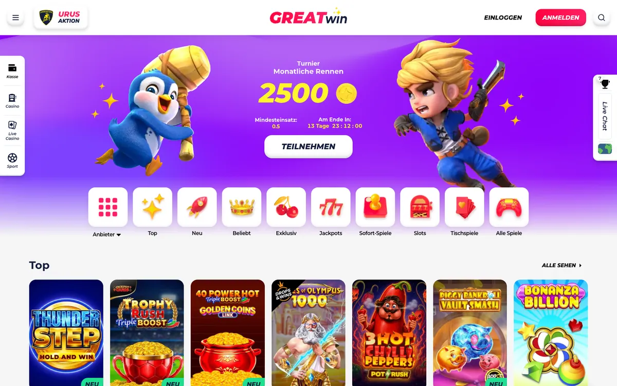 GreatWin Casino-Lobby mit Kategorien und Top-Spielen