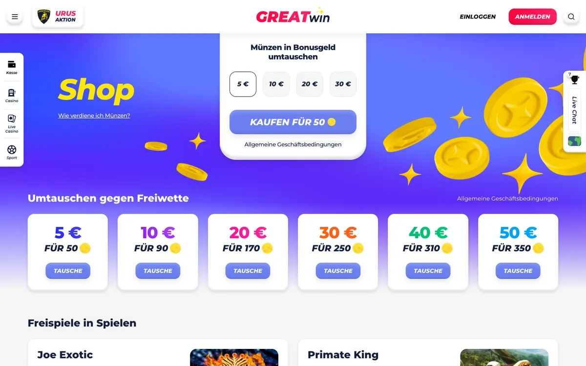 GreatWin Shop: Münzen gegen Bonusgeld, Freiwetten und Freispiele