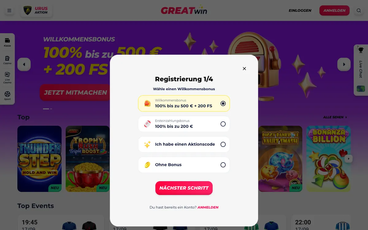 Registrierung bei GreatWin, Schritt 1: Bonuswahl